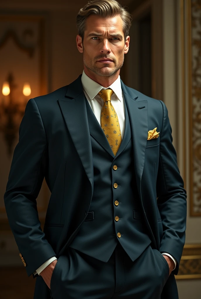 A very tall ,muscular rich man with green eyes ,very dark ash blonde hair wearing a suit.