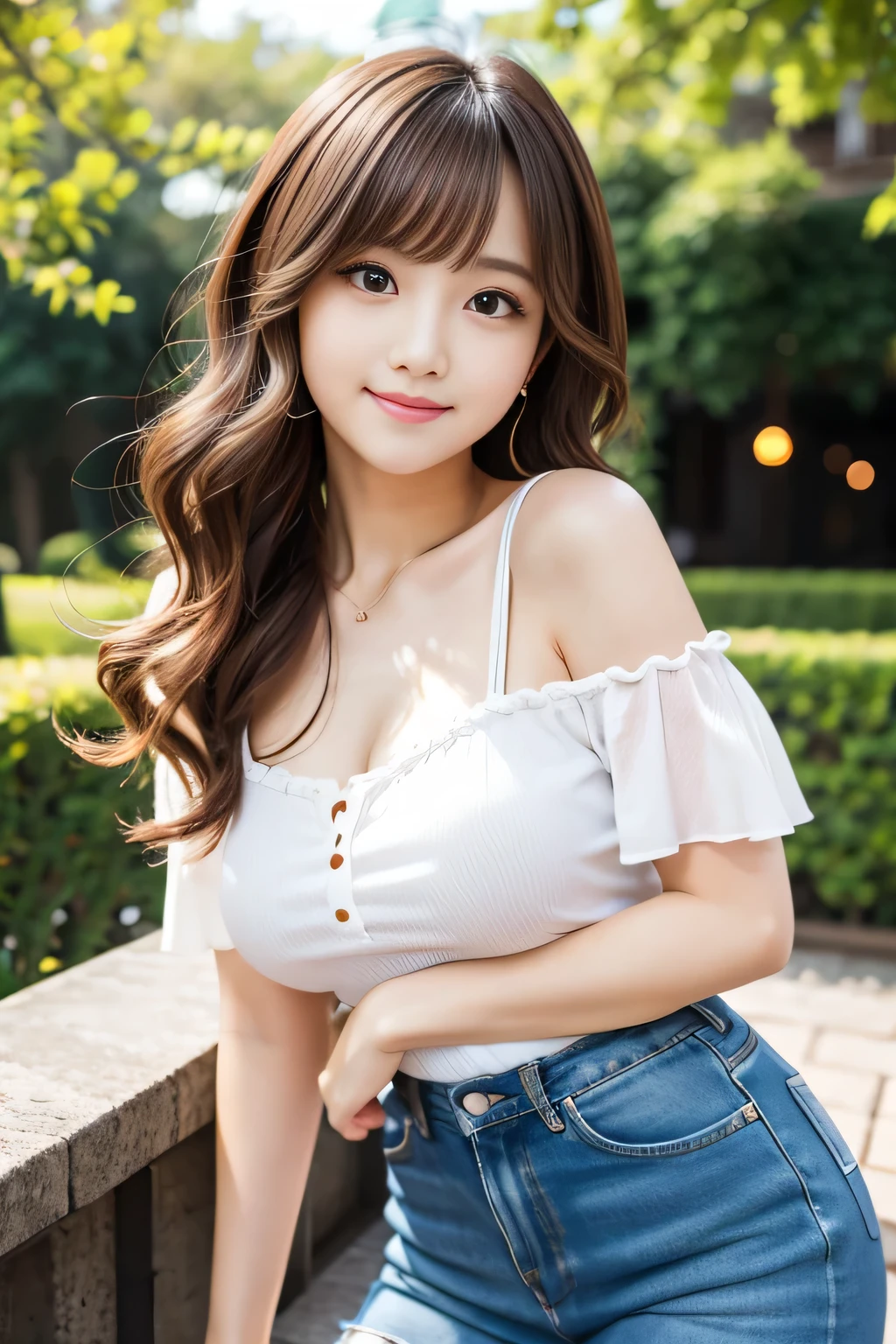 Tabletop, Highest quality, shape, Very detailed, finely, High resolution, 8k wallpaper, Perfect dynamic composition, Beautiful and beautiful eyes, Feminine fashion:1.1,Wavy Hair,Huge 、Natural color lip, Bold sexy pose,smile,harajuku、20-year-old girl、cute、Sexy shot looking at camera、Waist up shot、Outdoor soft natural light