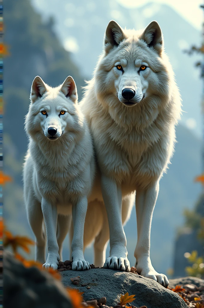 Two Wolves, a large, alpha, and a white one on the side