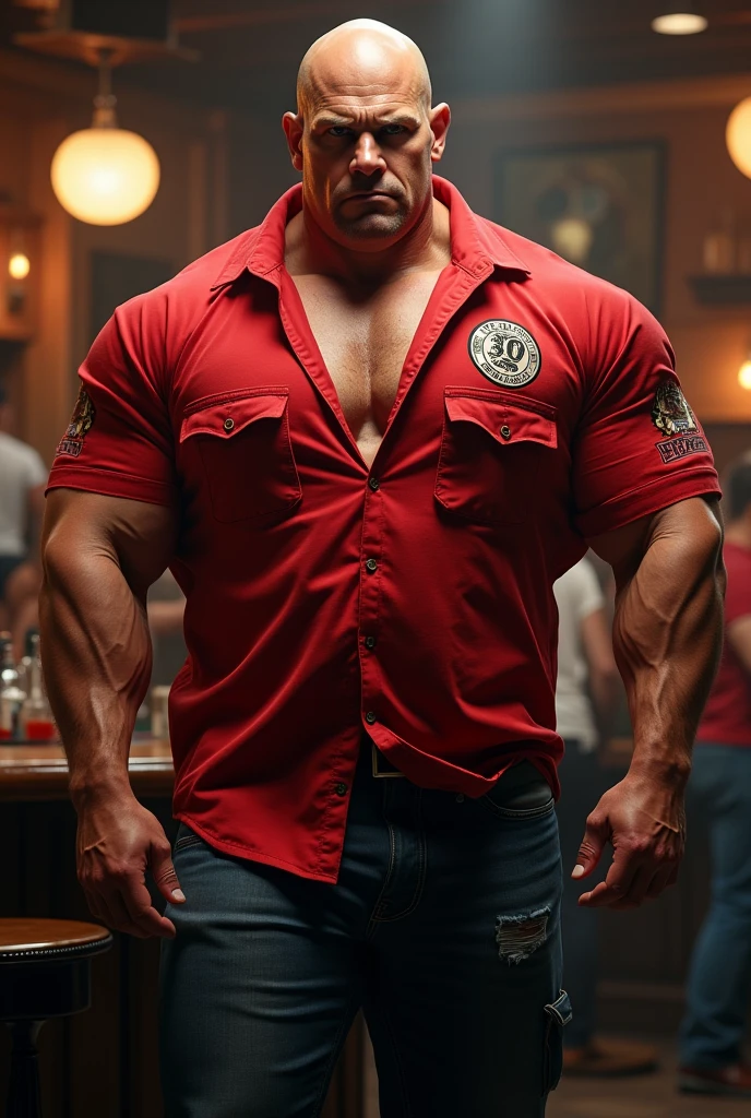 Big giant body builder bald white men wearing unbuttoned double pocket redshirt with logos at bar