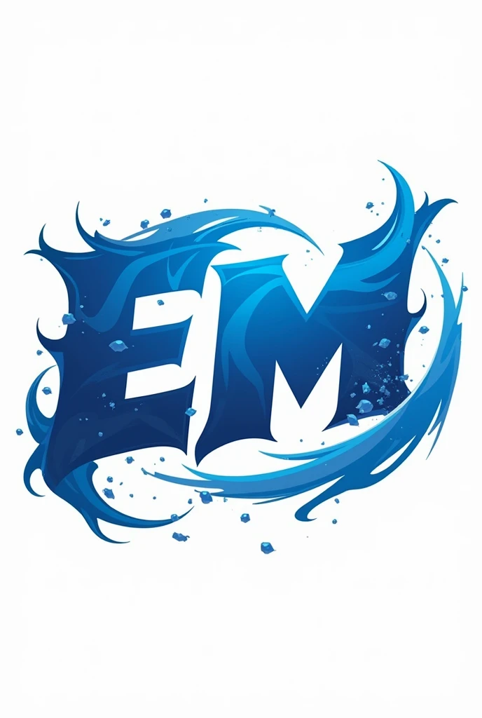 Logo with the letters E and M together in capital letters in blue with storm effects around the letters