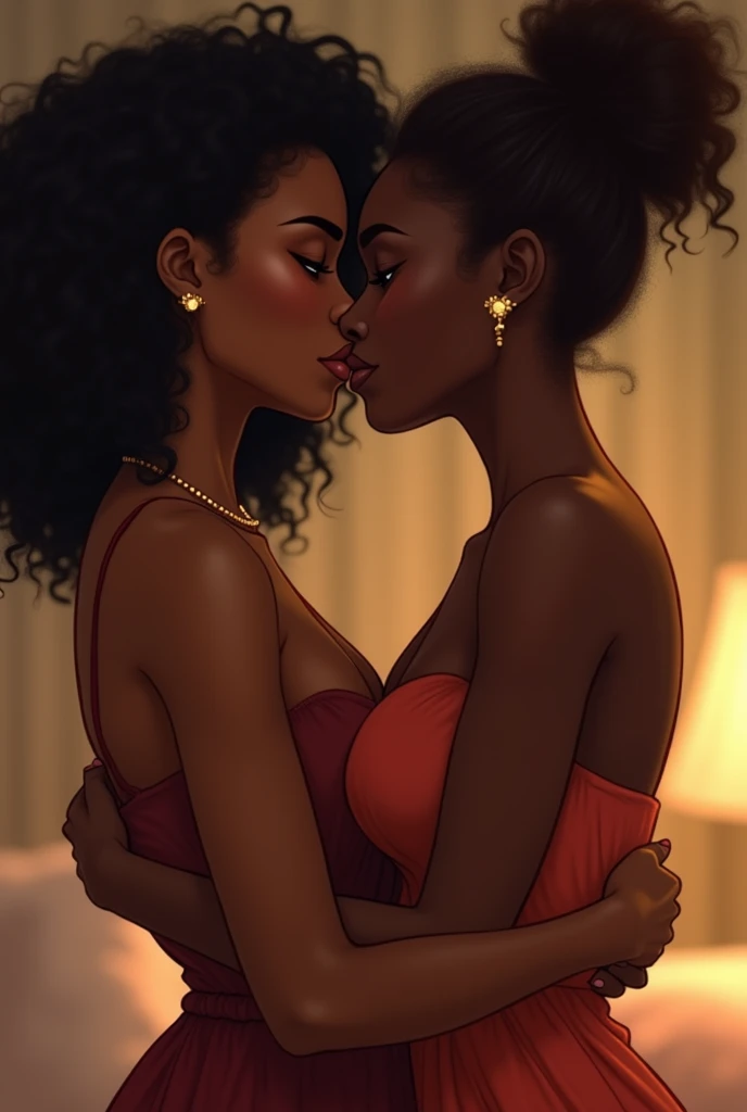 Couple of black lesbian women hugging and kissing
