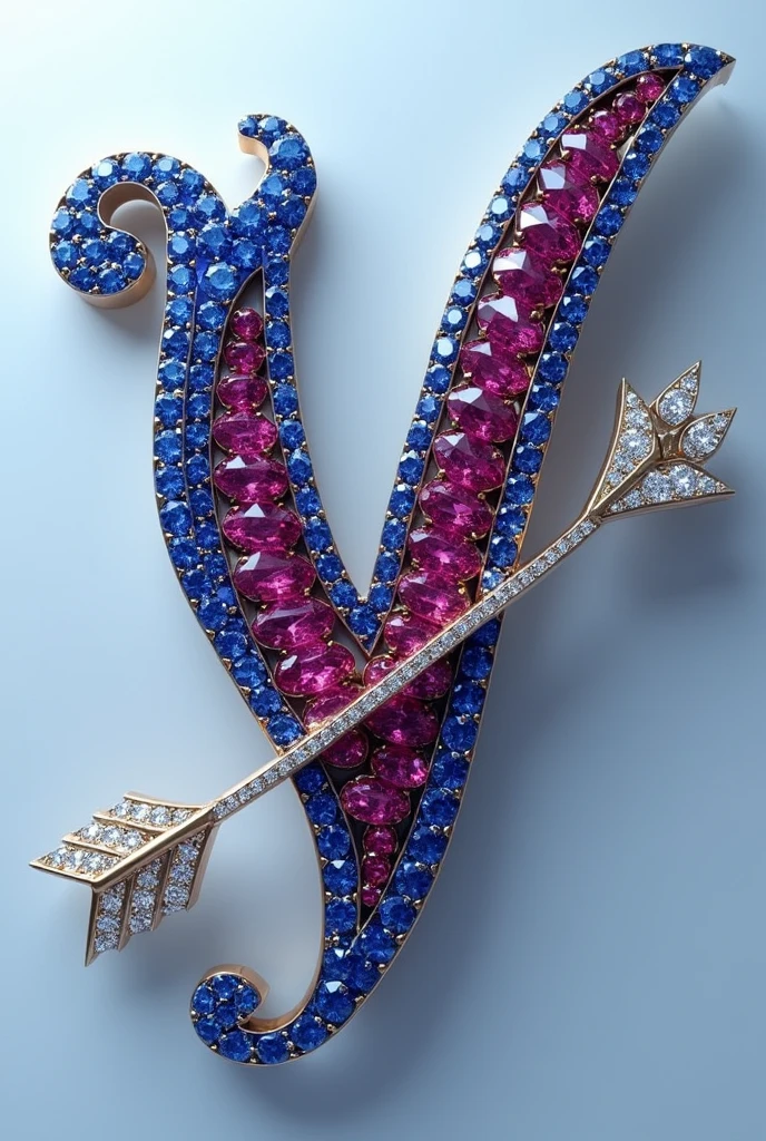 A brooch with A letter having blue sapphires and V letter using rubies. And an arrow going through them made using diamonds. Make the design inquisitive and subtle. It should have fluidity. Sort of abstract. A little less abstract