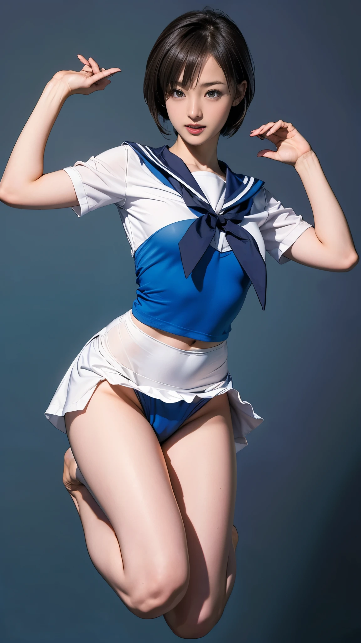 、Having a blast dressed up as Sailor Mercury、Joy、Active pose、Raise your arms and jump、To NFSW、Panty shot、Very thin thighs