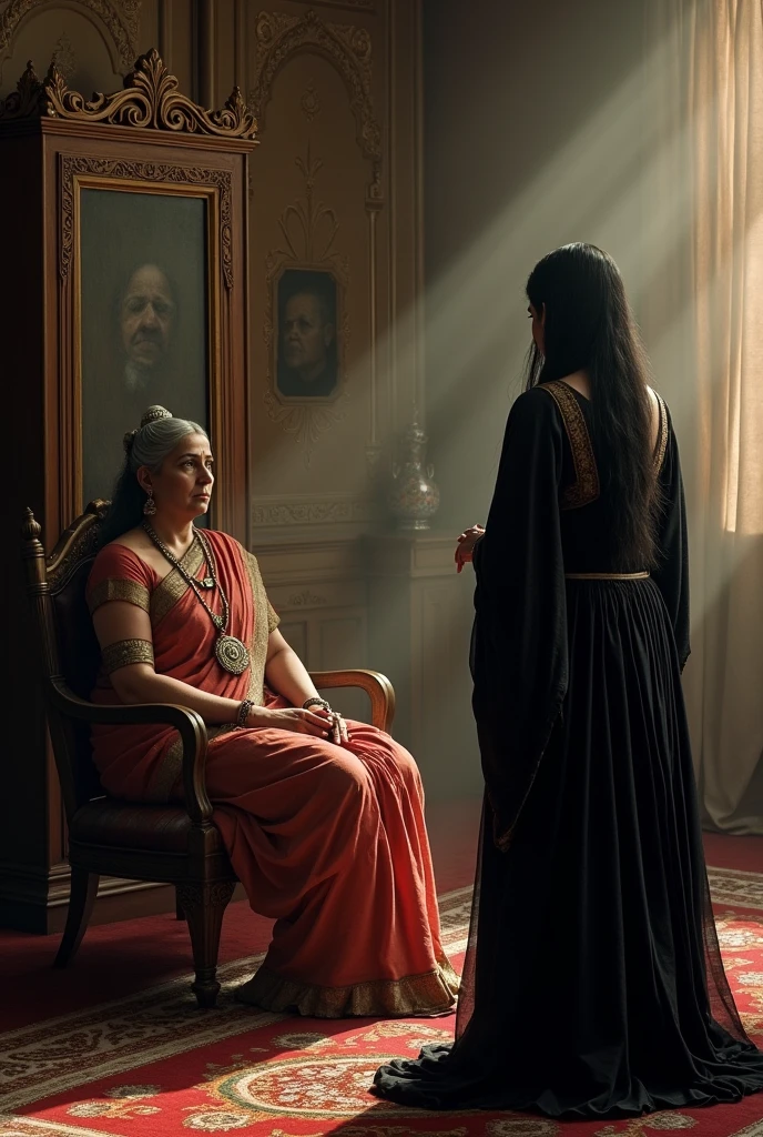 1000 year old, Image of beautiful, mid age, powerful,  rich , Ambitious, indian queen , sitting in room in front og mirror , talking to her very old in age And very poor wicked female maid wering black saree, long hair. Not that intimate, maid is Posioning the queen with words. Queen is in anger. No jewellery with female maid, maid standing in prostration 