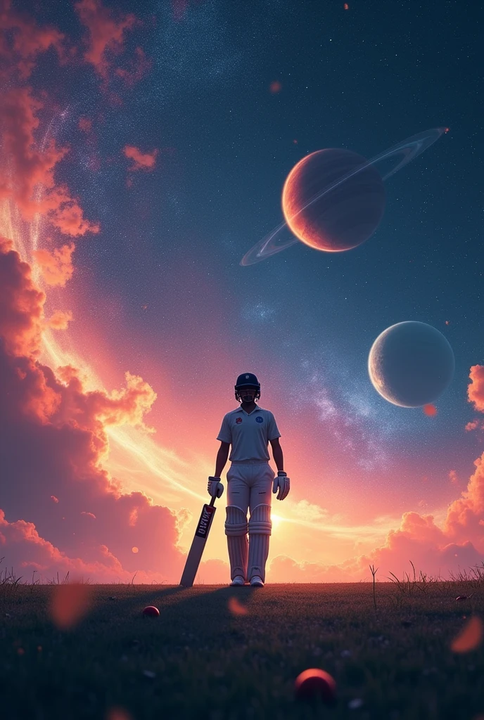 A cricketer playing cricket in space