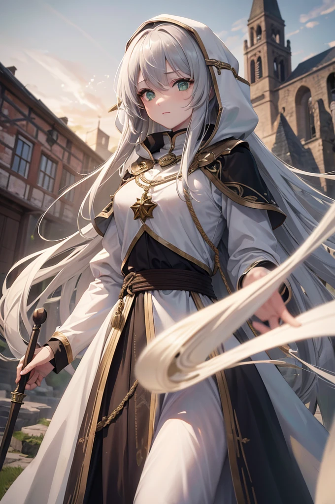 4K,highest resolution,a woman,Cream colored hair,long hair,green eyes,sisters,Gray Sacred Rope,Gray Divine Armor,gray hood,medieval town,setting sun