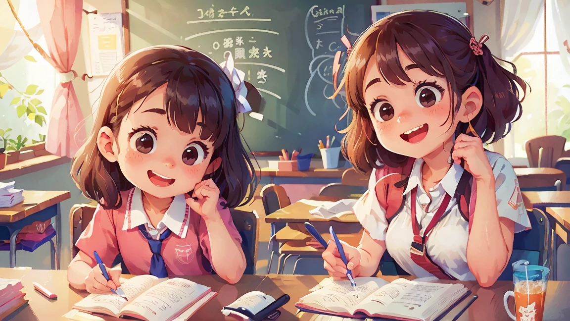 In the classroom，The teacher praised a girl by name on the podium，Girl with smile，The mother sat in the parent seat with a look of satisfaction on her face。