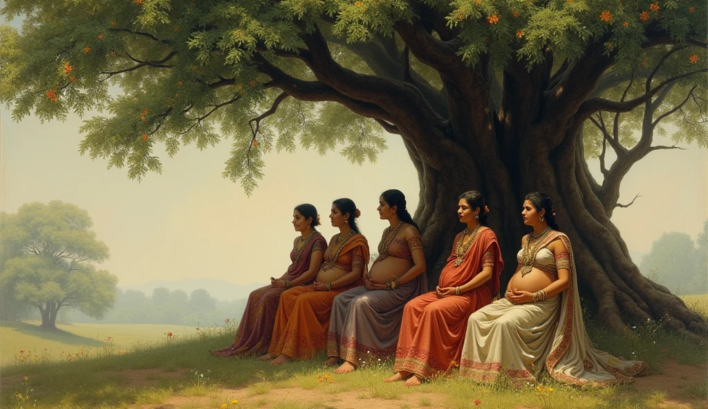  gandhaari as mother of 100 sons as a pregnant woman and think under a tree with his some women friends 