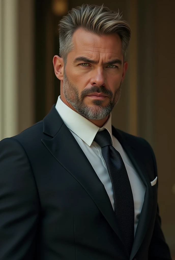 A very tall ,muscular rich man with green eyes ,very dark ash blonde hair wearing a suit.