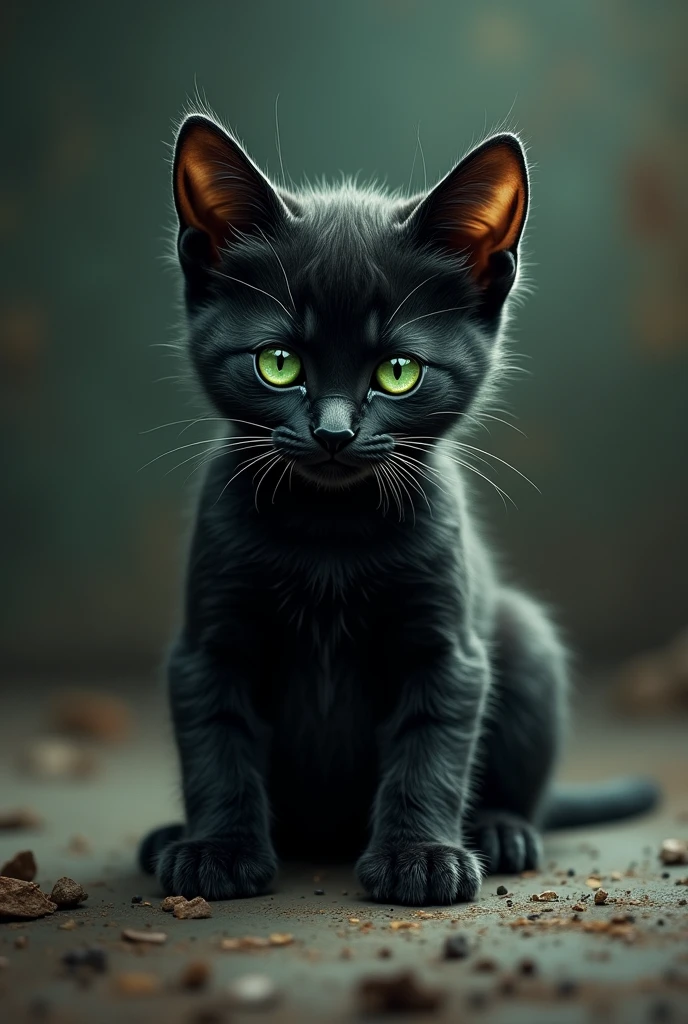 A black kitten with green eyes, Her name is Saba Yves, a mixed martial arts fighter