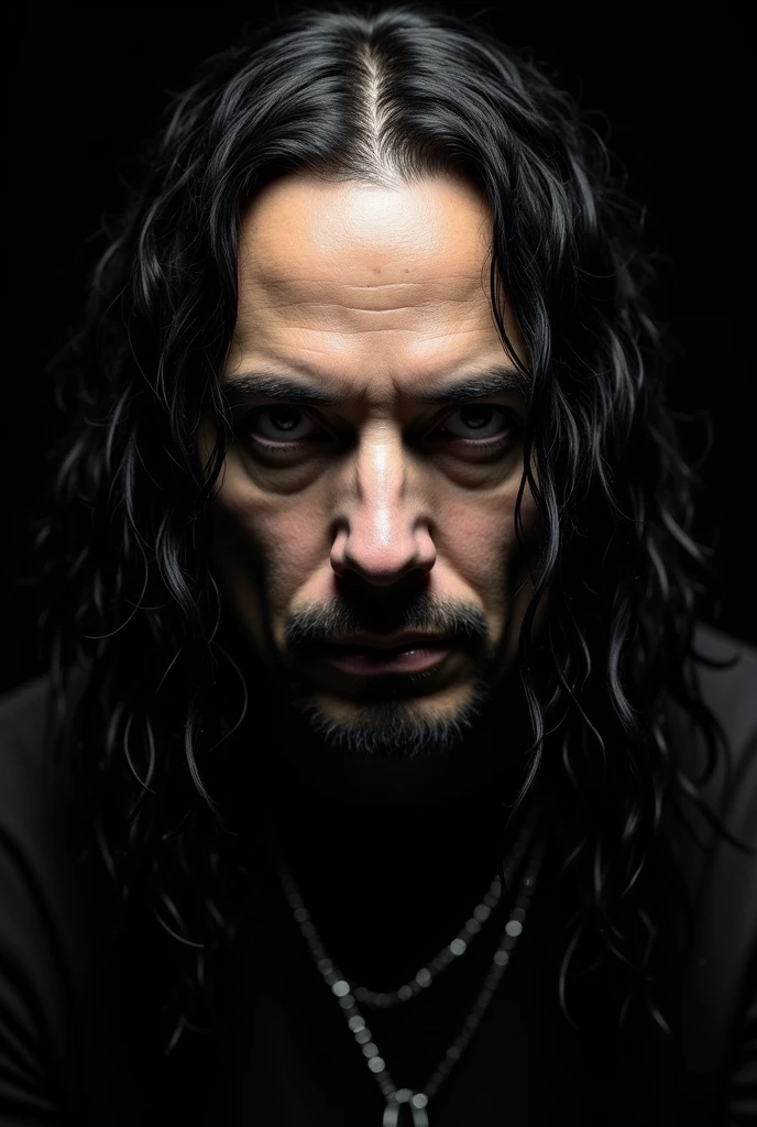 create a print for a black t-shirt, with the photo of Jonathan Davis, vocalist of the band Korn, very realistic and similar to Jonathan Davis