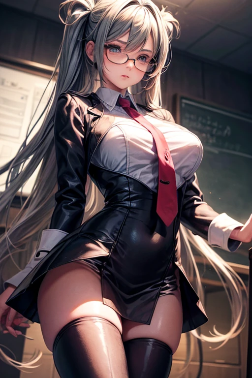 masterpiece, Beautiful art, professional artist, 8k, art style by sciamano240, Very detailed face, Detailed hair, detailed clothing, detailed fabric, 1 girl, perfectly drawn body, beautiful face, broad, Very detailed, wearing teacher clothes, thigh high boots, tube skirt, Glasses, looking angrily over Glasses, Sensual Lips , pink cheeks, School environment, detailed background, board , show details in the eyes, close up view, spectator looking, angry expression,