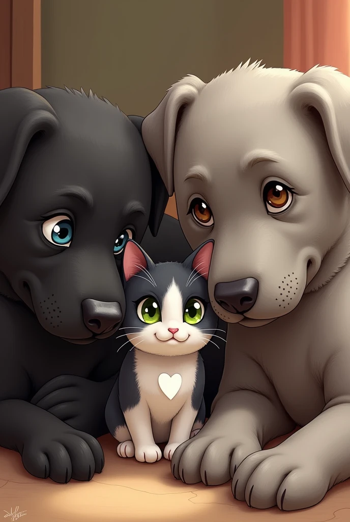 create a picture, where there is a cat with two dogs. The cat has a white belly. Der Rücken ist aber schwarz und der Kopf von der Katze ist auch schwarz aber this cat hat ein weißes Herz in der Mitte von dem Gesicht. The dogs both have grey fur the breed of the dogs is Cane Corso close of the dogs has brown eyes, and the other dog has blue eyes, this cat, cuddles with the two dogs, and the dogs are significantly larger than the cat. The cat has green eyes.