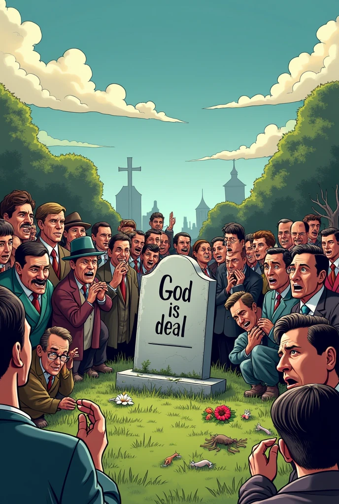 For the cartoon, You could draw a grave with the inscription "God is dead". around the grave, You can show people reacting in different ways: some crying, some laughing and others just confused.