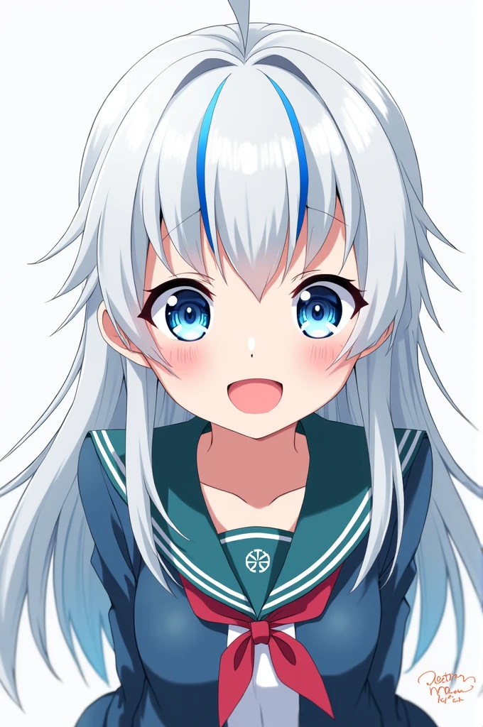 Screenshot of my hero academia. White haired girl with bangs and blue highlights has light blue eyes. and has a happy expression and wears the UA uniform