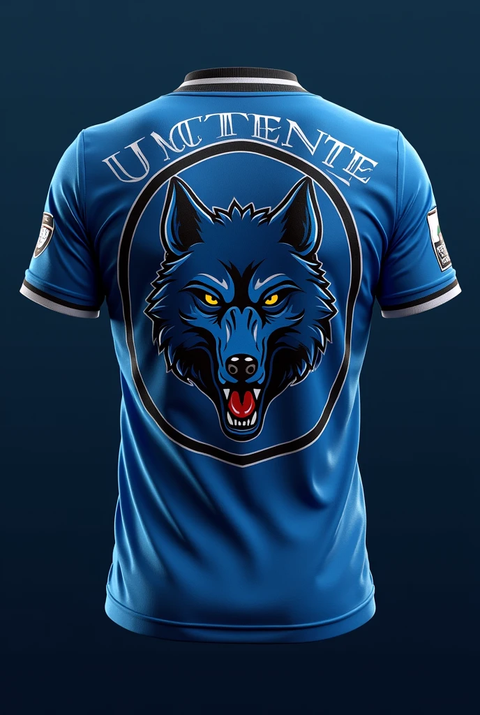 Make a team shirt with a wild wolf logo and the name Vicente team, it has to be blue and gray, and on the back put the name Vicente Amato Sobrinho. The logo is placed on the right side in a circle 