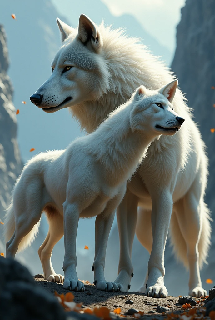 Two Wolves, a large, alpha, and a white one on the side