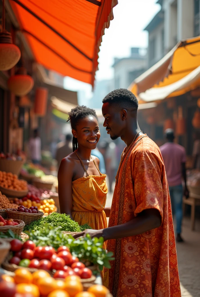 A young Nigerian man with his girlfriend at the markets buy food