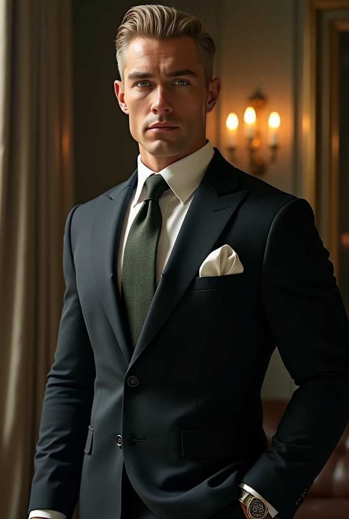 A very tall ,muscular rich man with green eyes ,very dark ash blonde hair wearing a suit.