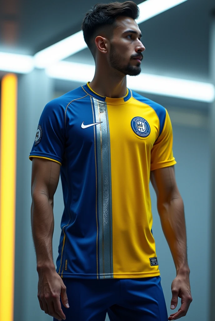 A football jersey style t-shirt, with the colors yellow and royal blue, futuristic design