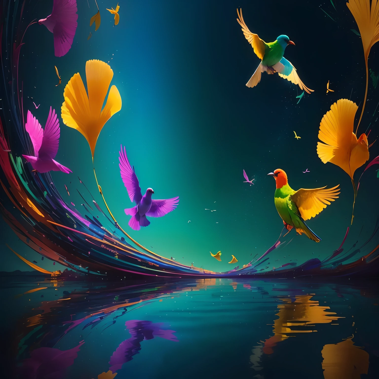 Brightly colored birds flying over a body of water with a green background, high definition colorful image, Beautiful UHD 4K art, colorful birds, HD wallpaper, amazing wallpaper, Artistic 4K, hd wallpaper, high quality wallpaper, 4k wallpaper, 4k wallpaper, beautiful colorful, colorido 4k, Colorido 4K HD, colorful high contrast hd, beautiful and colorful