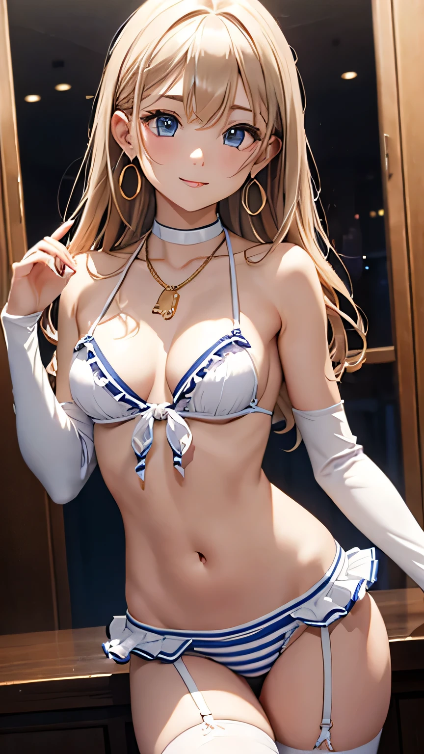 masterpiece,Ultra-high resolution、Highest quality、Sexy pose、Dimly lit bar background at night、blonde、Tie your hair back:1.2, blue eyes, smile、Tilt your head、Large gold earrings and necklace:1.5,、Chain belt、Model walking、Small breasts、The body is very slim、skinny、Super tight waist、Thin thighs、Spread your legs,Cowboy Shot、Halter neckline edged with white ruffles、White argyle check pattern ultra mini bikini skirt、White panties are slightly visible、Red and blue striped knee socks:1.8、Underwear Focus