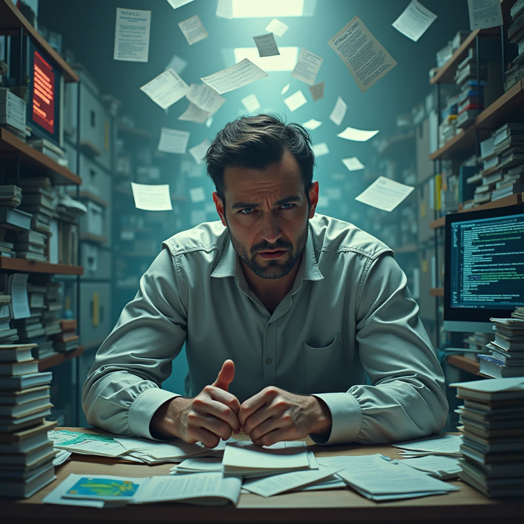 A man surrounded by too much information with a troubled mind