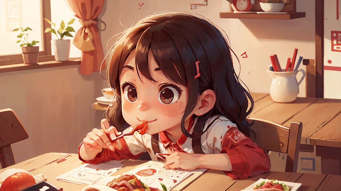 On the dining table,The girl eats tomato beef noodles,smirk on face,Mom sat opposite and looked at her tenderly。