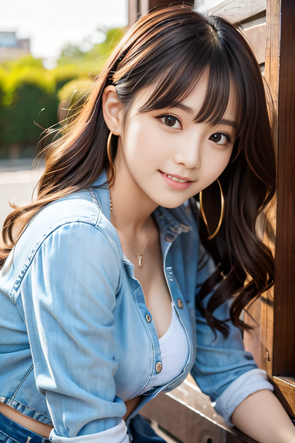 Tabletop, Highest quality, shape, Very detailed, finely, High resolution, 8k wallpaper, Perfect dynamic composition, Beautiful and beautiful eyes, Feminine fashion:1.1,Wavy Hair,Huge 、Natural color lip, Bold sexy pose,smile,harajuku、20-year-old girl、cute、Sexy shot looking at camera、Waist up shot、Outdoor soft natural light