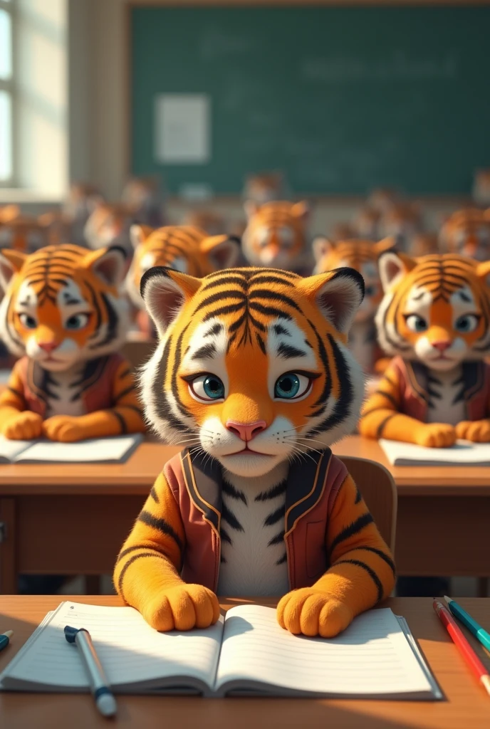 I create a classroom with a group of tiger students taking an exam and one is very nervous because he didn&#39;t study 
