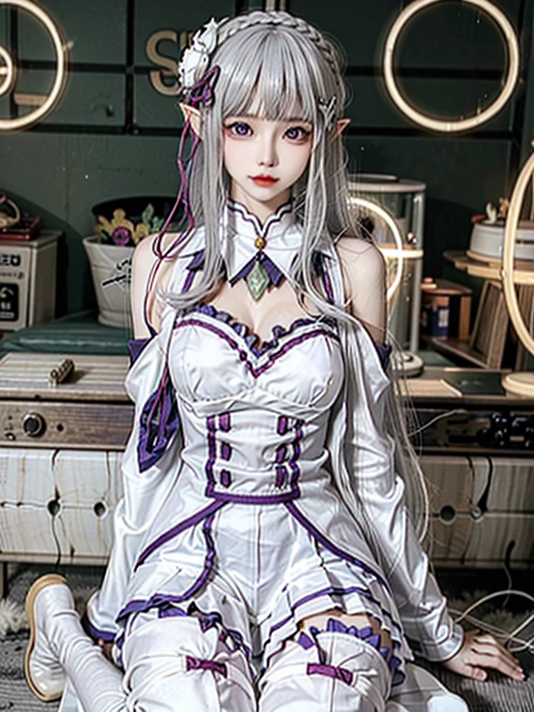 ulzzang-6500-v1.1,(raw photo:1.2),((photorealistic:1.4))best quality ,masterpiece, illustration, an extremely delicate and beautiful, extremely detailed ,CG ,unity ,8k wallpaper, finely detail, best quality,extremely detailed CG unity 8k wallpaper,absurdres, incredibly absurdres, big breats,sexy body,huge filesize, ultra-detailed, highres, extremely detailed,beautiful detailed girl, extremely detailed eyes and face, beautiful detailed eyes,light on face,cinematic lighting,1girl,(full body),(full-body shot),looking at viewer,outdoors, silver_hair, pointy_ears, purple_eyes, hair_ornament, hair_ribbon, lips