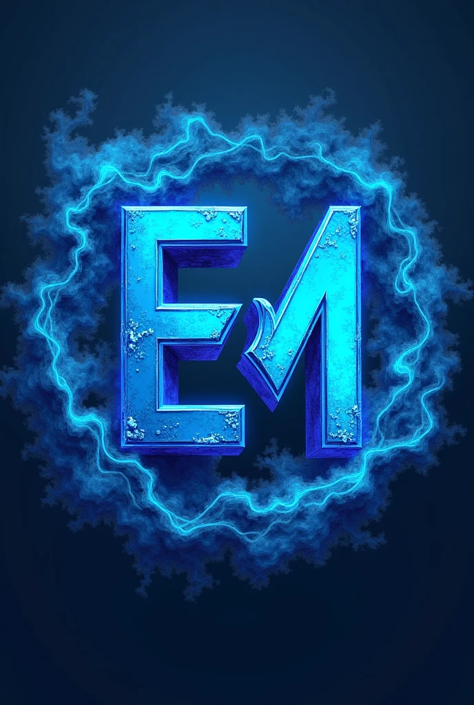 Logo with the letters E and M together in capital letters in blue with storm effects around the letters