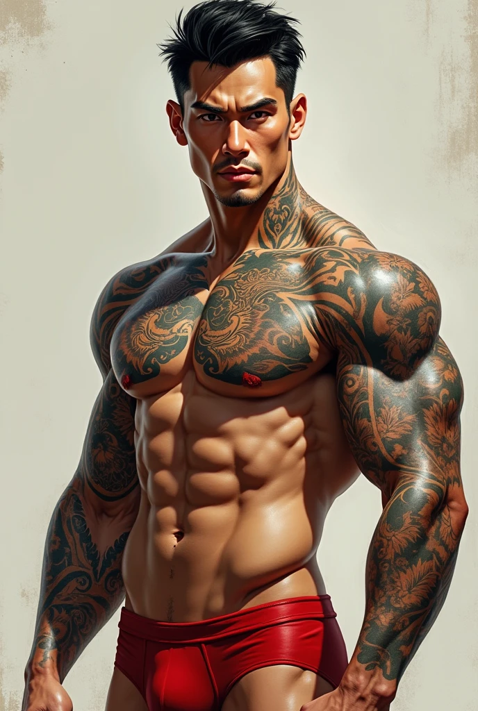 Draw me a handsome, mature Asian man with tattoos covering his chest and shoulders wearing red underwear showing off his armpit hair 
