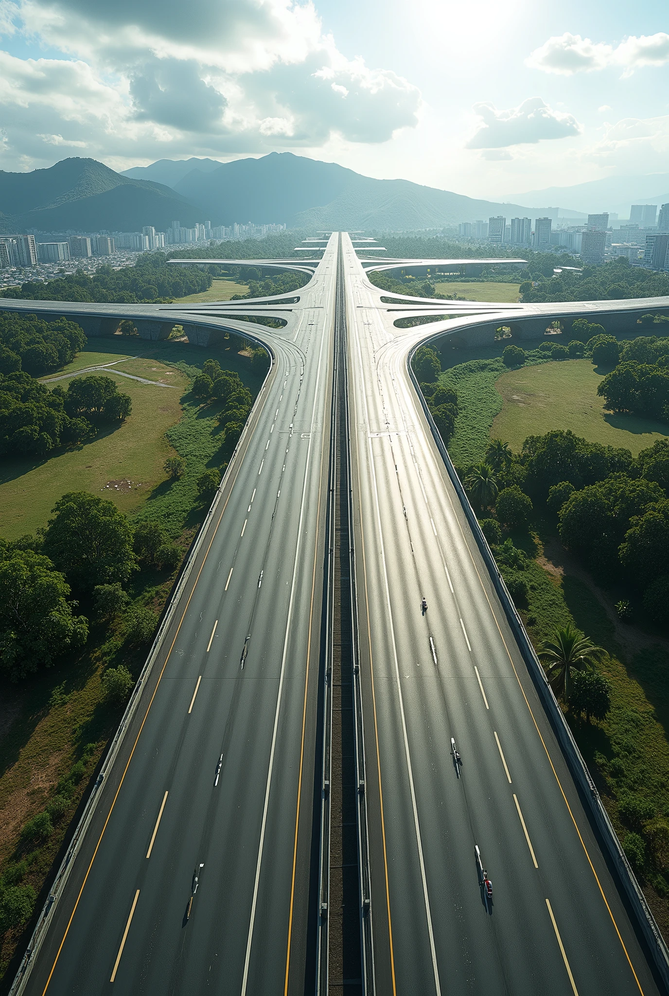 draw a runway with two express lanes and two side lanes express lanes should be two-way: Rio de Janeiro and Sao Paulo.
the length of the runway must be 26 km at the end of the runway heading towards Rio de Janeiro there must be a barrier with the name of "Arujá"

the margins must have 4 entrances and 4 exits by needles in both directions the layout of the tracks must be horizontal the image in widescreen format the track must also have handles