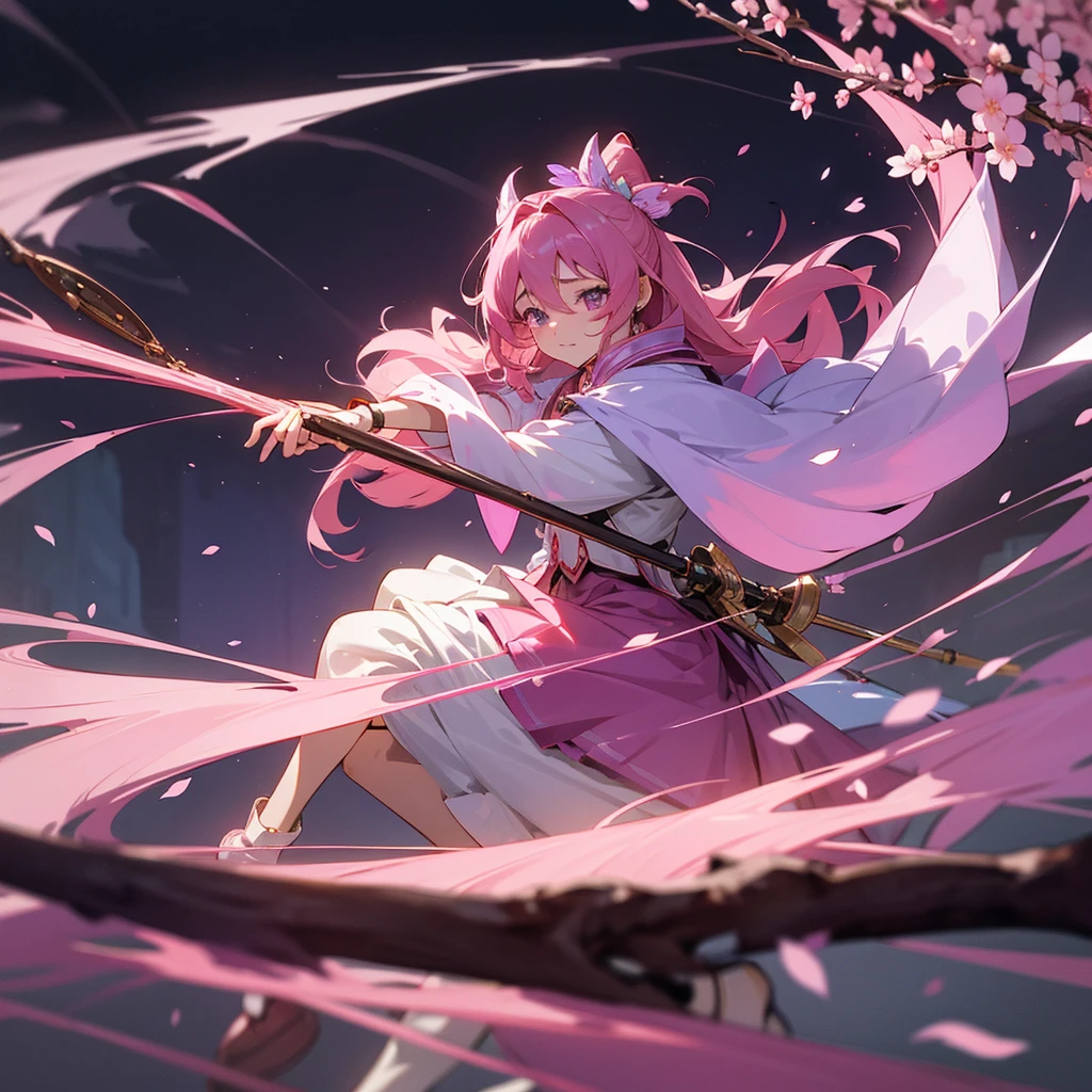 "Create a dynamic scene featuring Sakura Hirano in action. She is using her magical staff adorned with flowers, casting a spell that makes cherry blossoms swirl around her. Sakura is in mid-motion, with her long light pink hair flowing and her soft purple eyes focused. Her pose should convey grace and power, as if she's confidently harnessing her magical abilities. The background can be a blend of a cherry blossom garden and subtle hints of a modern cityscape to reflect the contrast between her magical and urban environment."