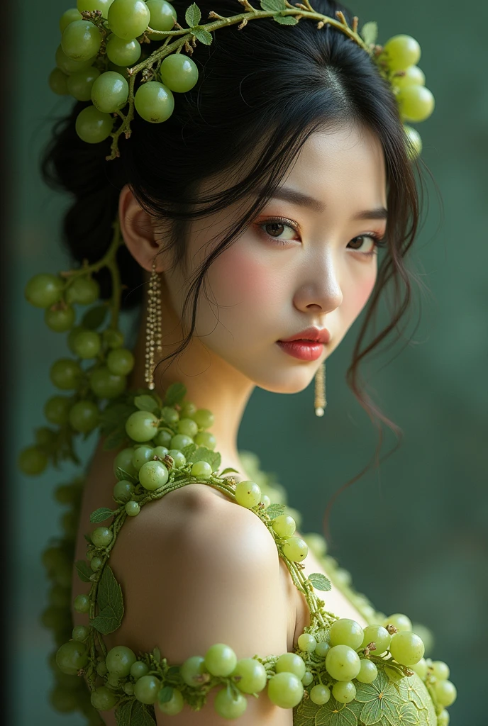 An adult sexy white body chiness girl wearing green grapes clothes.