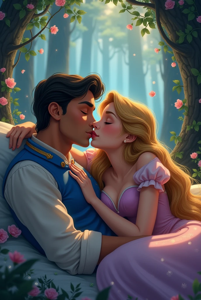 a sleeping Disney prince and his princess kissing him on the mouth