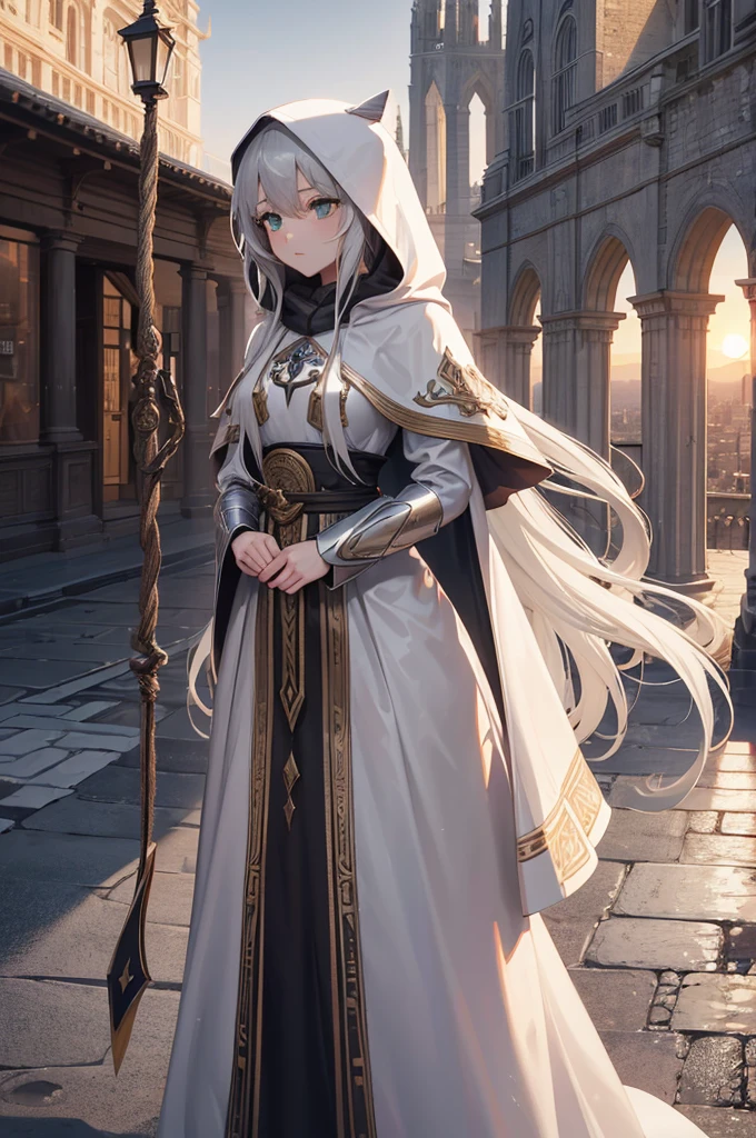 4k, ultra detailed, 1girl, long cream hair, green eyes, sisters, gray sacred rope, gray sacred armor, gray hooded cloak, medieval city, sunset