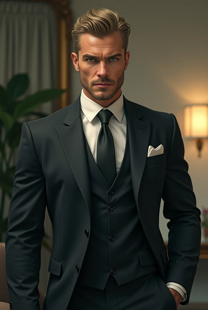 A very tall ,muscular rich man with green eyes ,very dark ash blonde hair wearing a suit with boyish face.