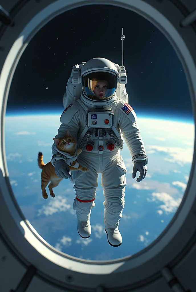 the astronaut floating in the spaceship, the cat in spacesuit also floating beside him, the background outside the window of spaceship is earth, realistic, cinematic, loneliness, vibrant, frame ratio 9:16