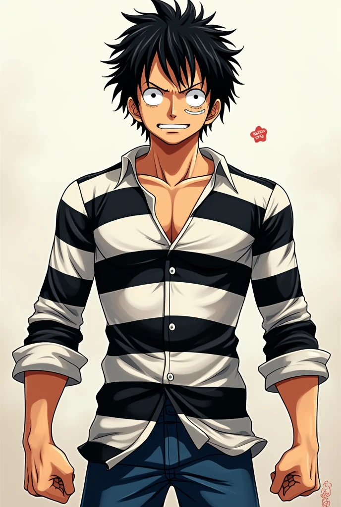 Monkey D. Luffy naked in prison uniform long sleeve black and white stripes Original anime One Piece 