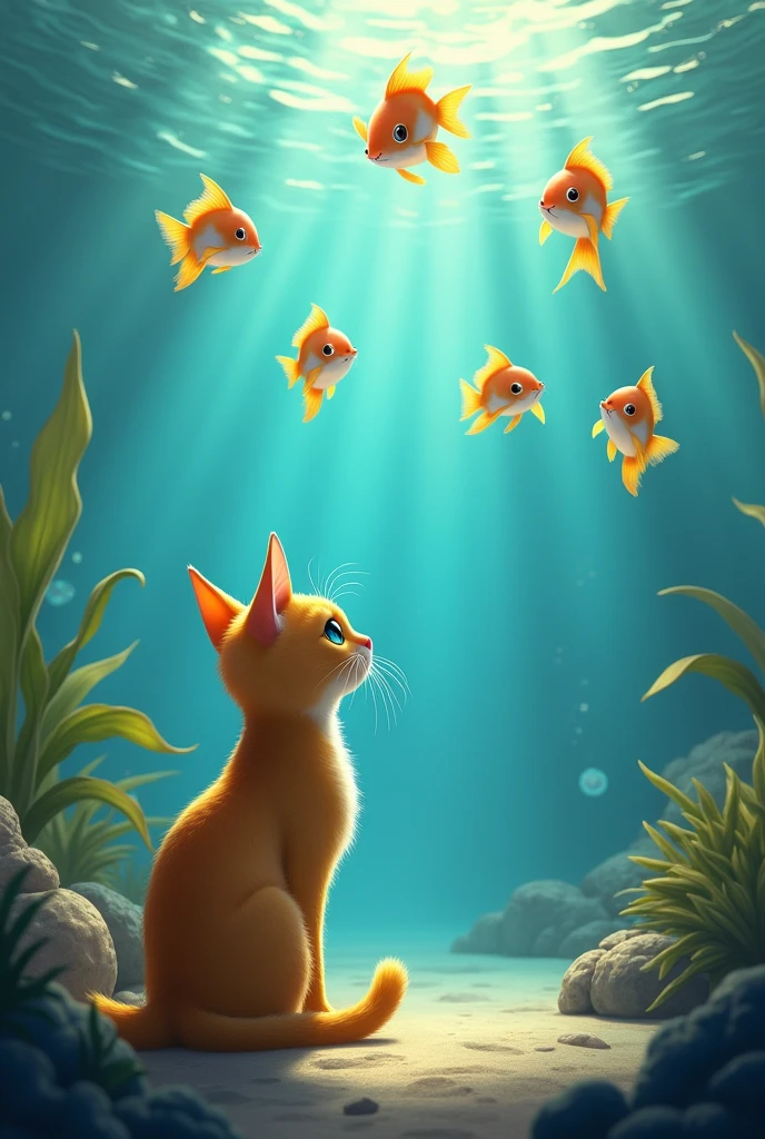 The yellow cat in the picture sees fish.