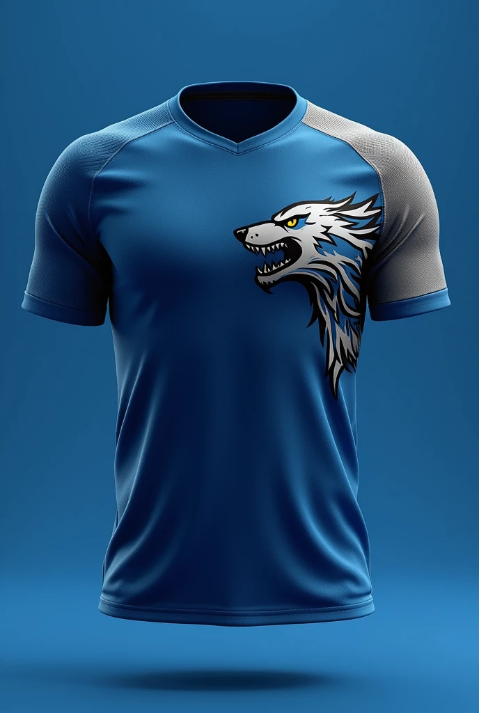 Make a blue and gray team shirt with a wolf logo on the right side 
