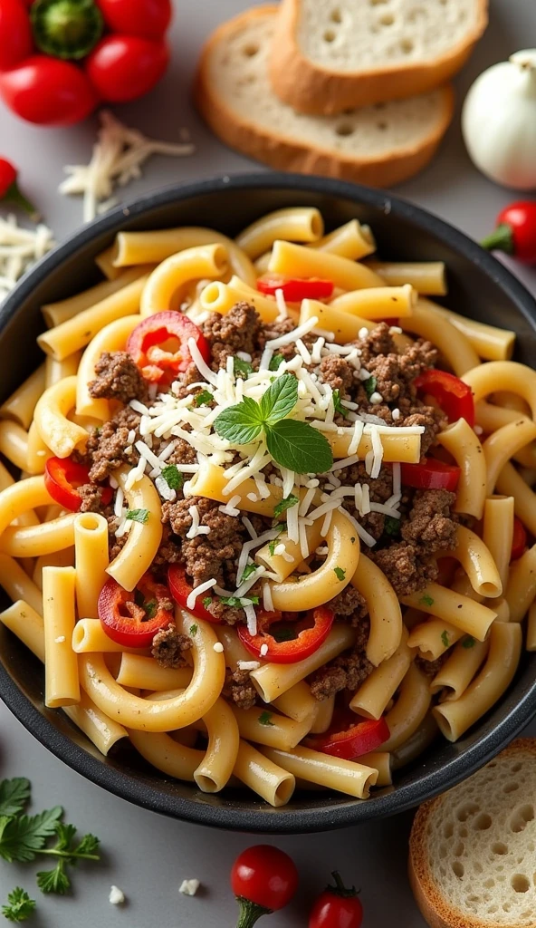 Design a Pinterest image featuring a delicious Philly Cheesesteak Pasta. The dish is centered, showcasing tender beef, melted cheese, sautéed peppers, and onions, with a creamy sauce. Use a warm wooden or light marble background to evoke a cozy kitchen setting. Surround the dish with key ingredients like bell peppers, onions, bread, and shredded cheese. Add the text 'Philly Cheesesteak Pasta Recipe' at the top in a clean, modern font, ensuring it contrasts well with the background. Include small culinary-themed accents for added flair.
