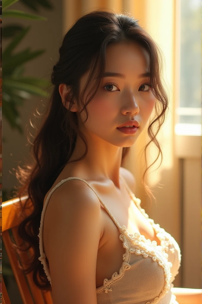 **Prompt:**
"A realistic portrait of a young woman with flawless, radiant skin and bright, expressive eyes. She is seated gracefully on a wooden chair in a sunlit room, where soft beams of sunlight stream through the windows, gently illuminating her features. The scene captures the warmth and tranquility of the moment, highlighting the natural beauty of the young woman and the serene ambiance of the sunlit room."