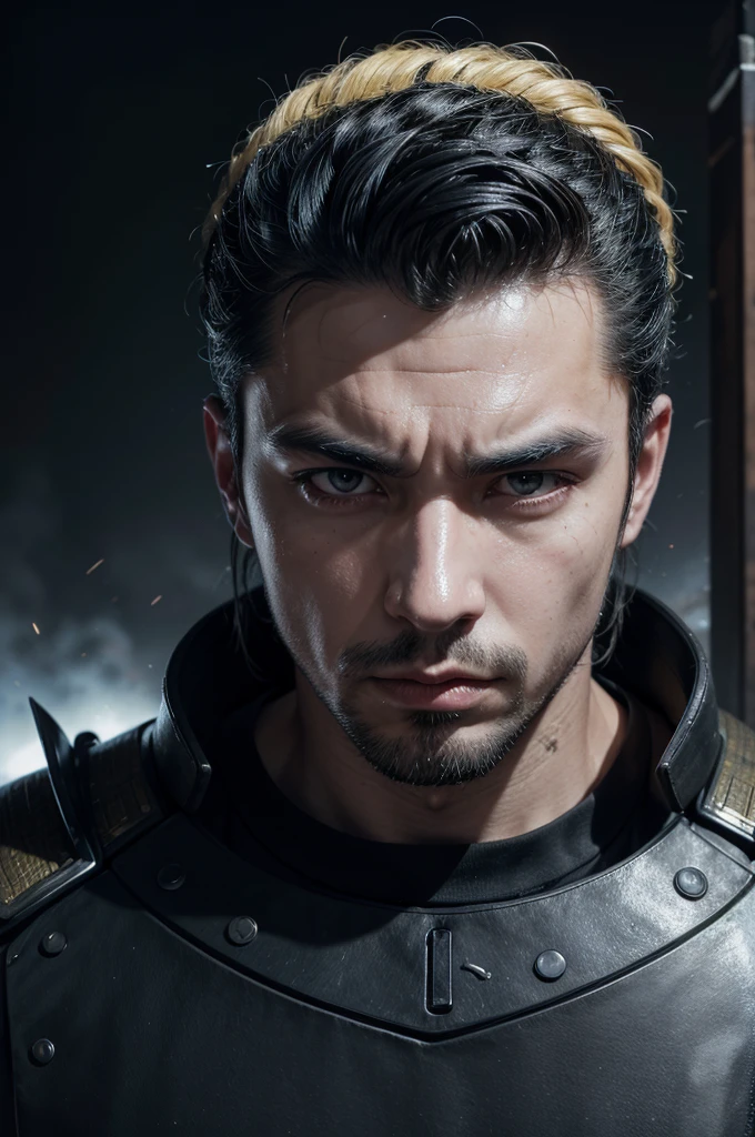 masterpiece, best quality, ultra high res, art, (abstract art:1.3), (1man, thin adult french male:1.2), black eyes, yellow hair, slick back,
portrait, solo, upper body, looking up, detailed background, detailed face, (warp, scifi, excessive energy, ulblackholetech theme:1.1), shogun, dark blue samurai armor, samurai helmet, dynamic pose, bushido, battlefield in background, wind, cinematic atmosphere,
pild3,