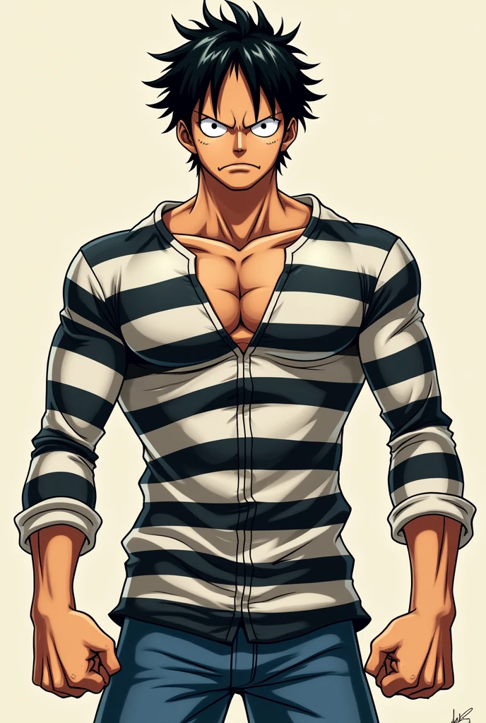 Monkey D. Luffy naked in prison uniform long sleeve black and white stripes Original anime One Piece