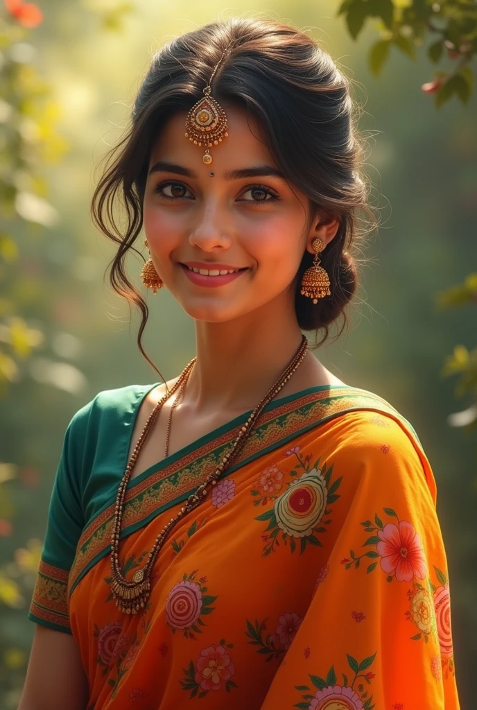 Indian young mom wearing saree with beautiful smile