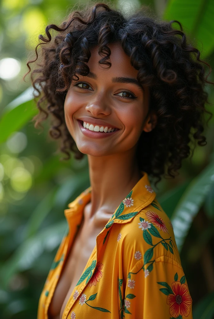 A Brazilian woman in a lush tropical garden, wearing an open shirt with a floral print, with a close-up capturing the harmonious beauty between her breasts and the natural flowers, showing off your natural charm and outgoing personality.